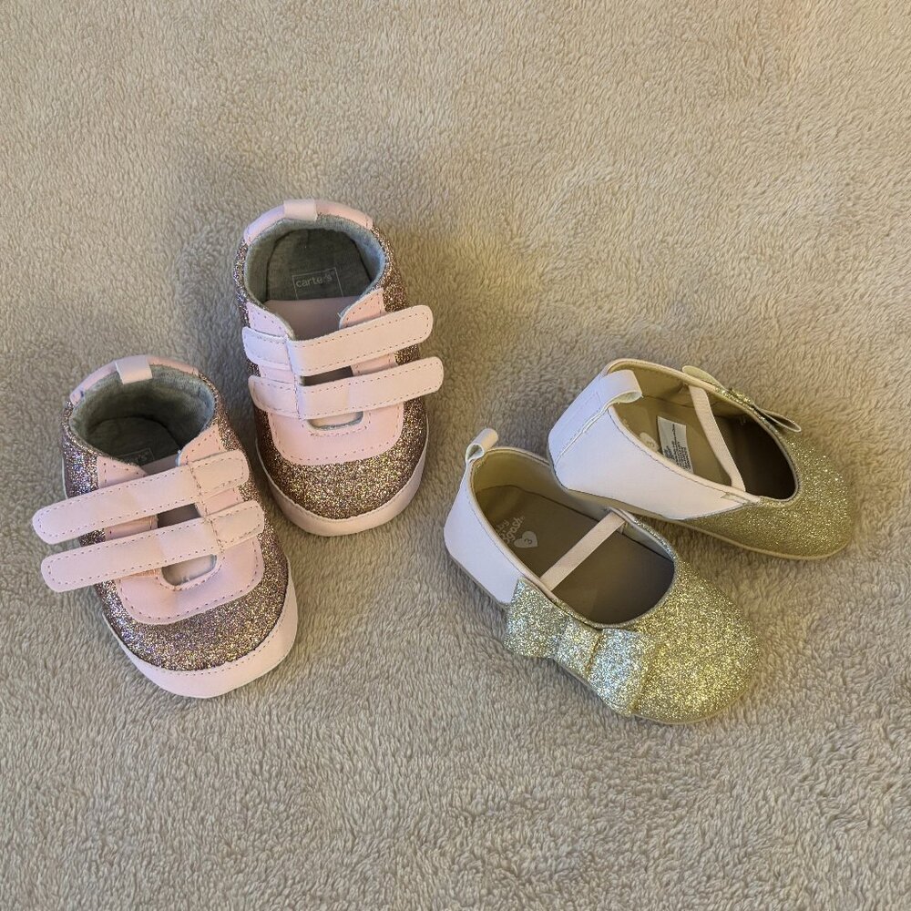 GLITTER BABY SHOES SET OF 2 Pair Girls Size 6-9 Months in Pink and Gold